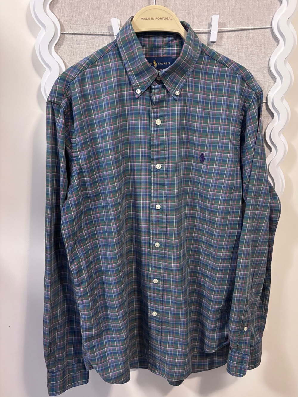 Polo Ralph Lauren Blue Label Men’s Shirt size M blue green plaid button collar